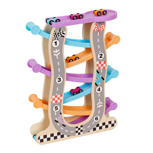 Wooden Ramp Race Track & Gliding Cars Kids Developmental Toy Vehicle Playset